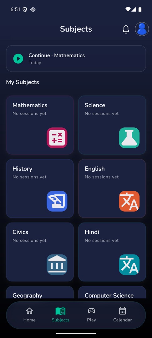 The "My Subjects" grid with the "Continue · Mathematics" strip on top