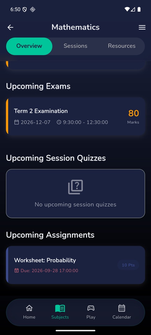 A subject's Overview tab with its Upcoming Exams, Session Quizzes and Assignments lists