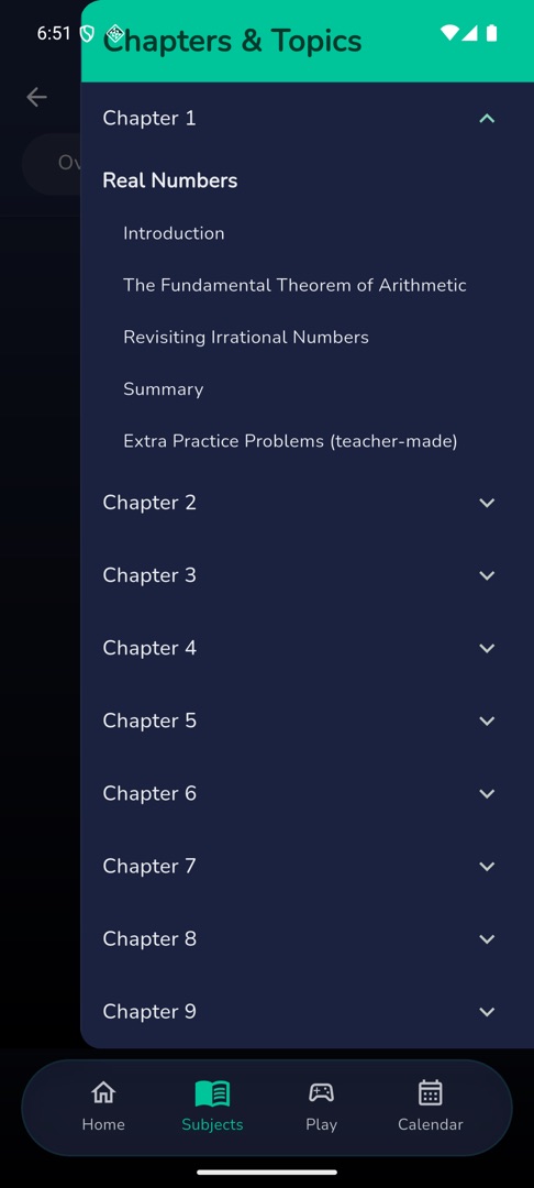 The "Chapters & Topics" drawer with one chapter expanded