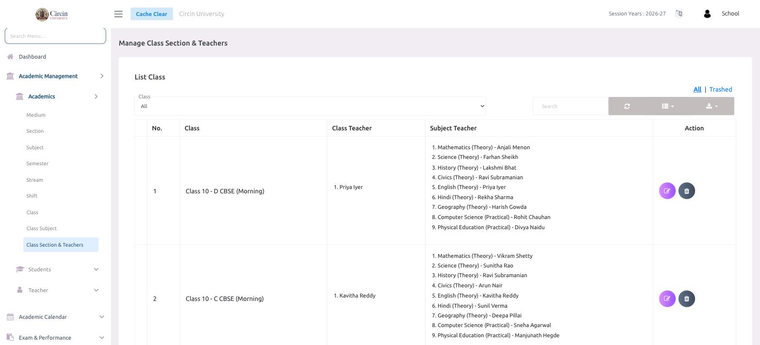 The Manage Class Section & Teachers page in Circin showing classes such as Class 10 - D CBSE (Morning) with their class teacher and per-subject teachers