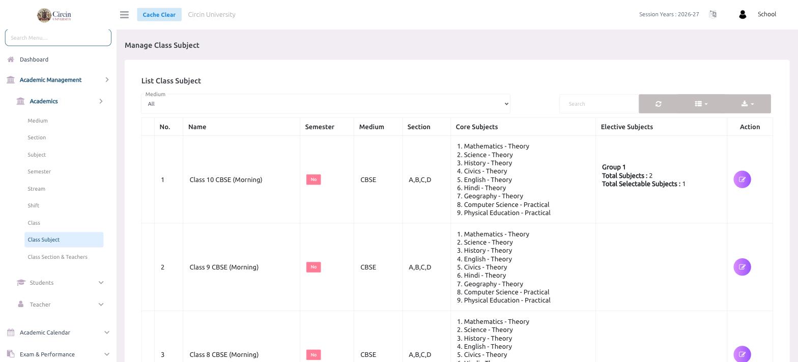 The Manage Class Subject page in Circin listing classes with their core subjects, elective groups, and an edit action