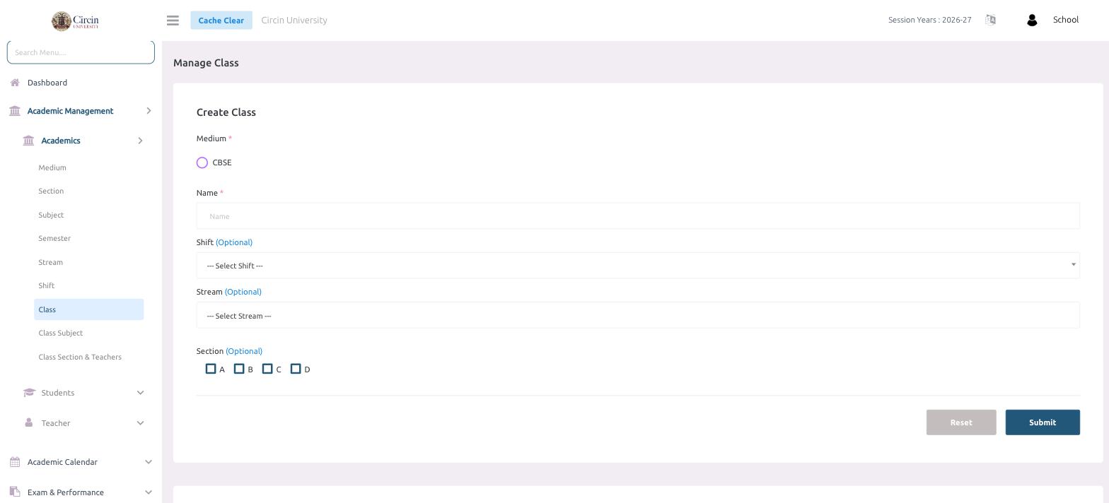 The Create Class form in Circin showing Medium, Name, optional Shift and Stream dropdowns, and Section checkboxes A, B, C and D