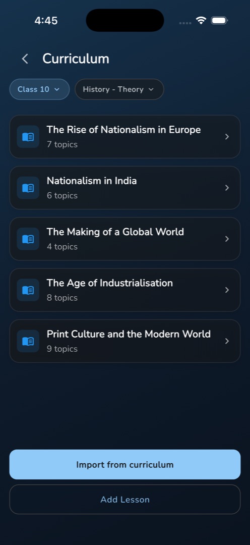 The Curriculum screen with the Grade and Subject pills and its two bottom buttons