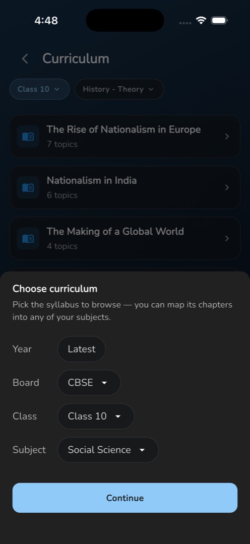 The "Choose curriculum" sheet with Board, Class and Subject filled