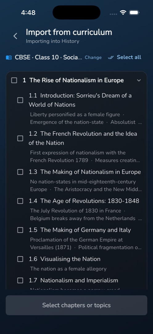 The import screen with a chapter expanded, showing topic checkboxes and concept lines