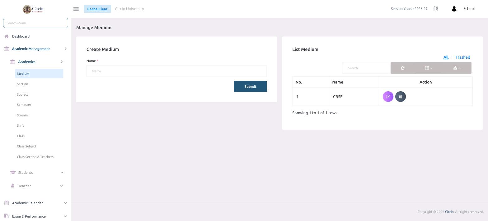 The Manage Medium page in Circin with the Create Medium form on the left and a List Medium table showing CBSE on the right