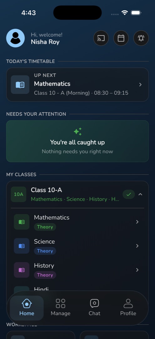The Home "My classes" group with a multi-subject card expanded into subject rows