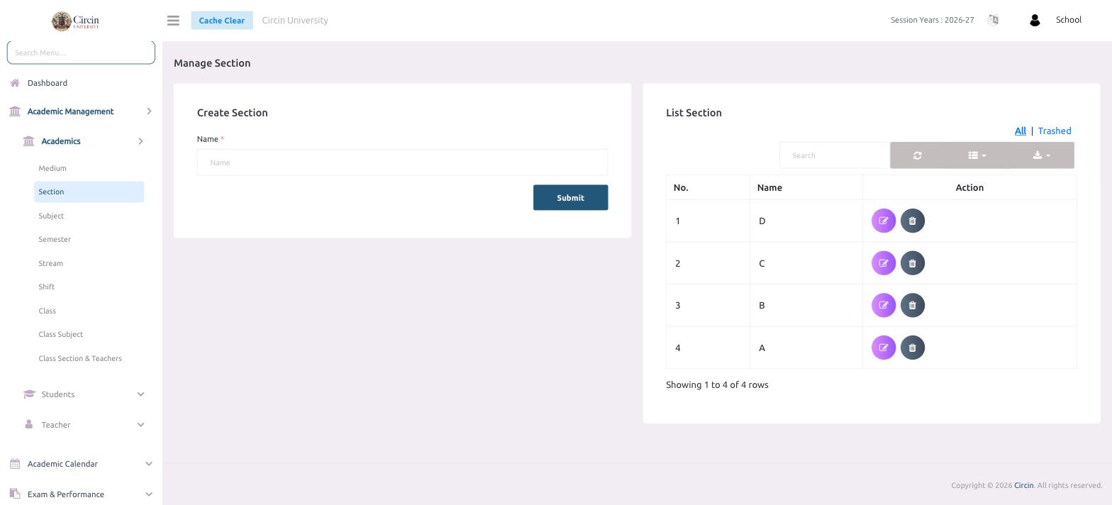 The Manage Section page in Circin with a Create Section form and a List Section table listing sections D, C, B and A