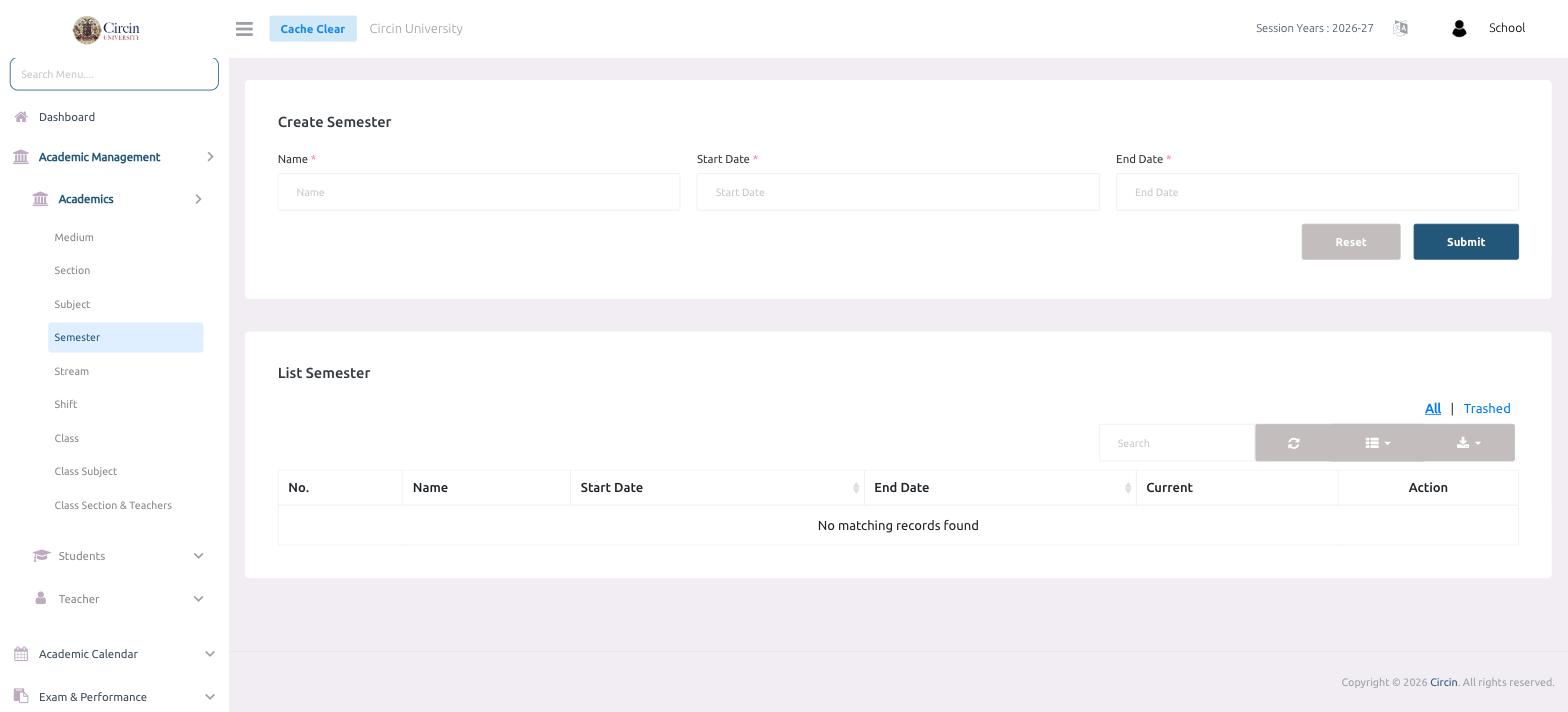 The Create Semester form in Circin with Name, Start Date and End Date fields above an empty List Semester table