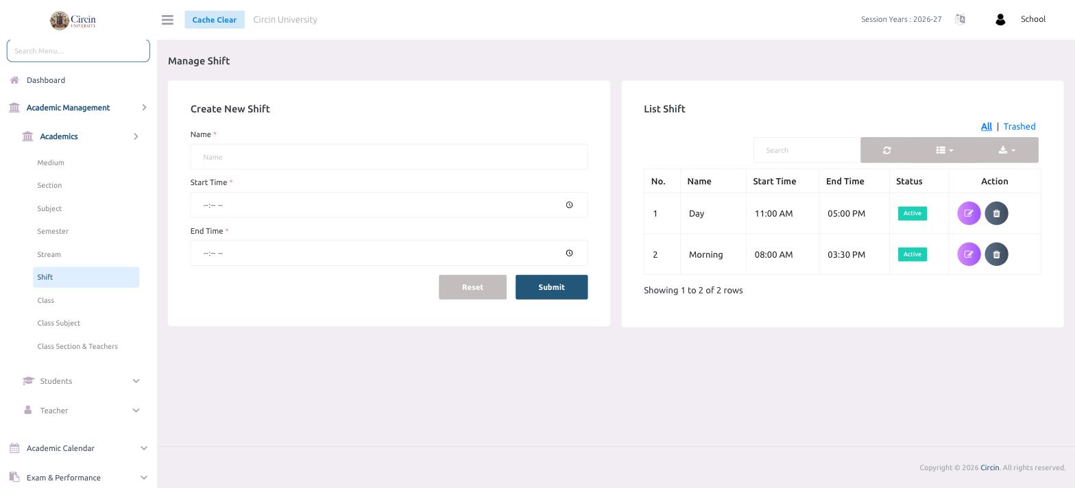 The Manage Shift page in Circin with a Create New Shift form and a List Shift table showing Day and Morning shifts with their times and Active status