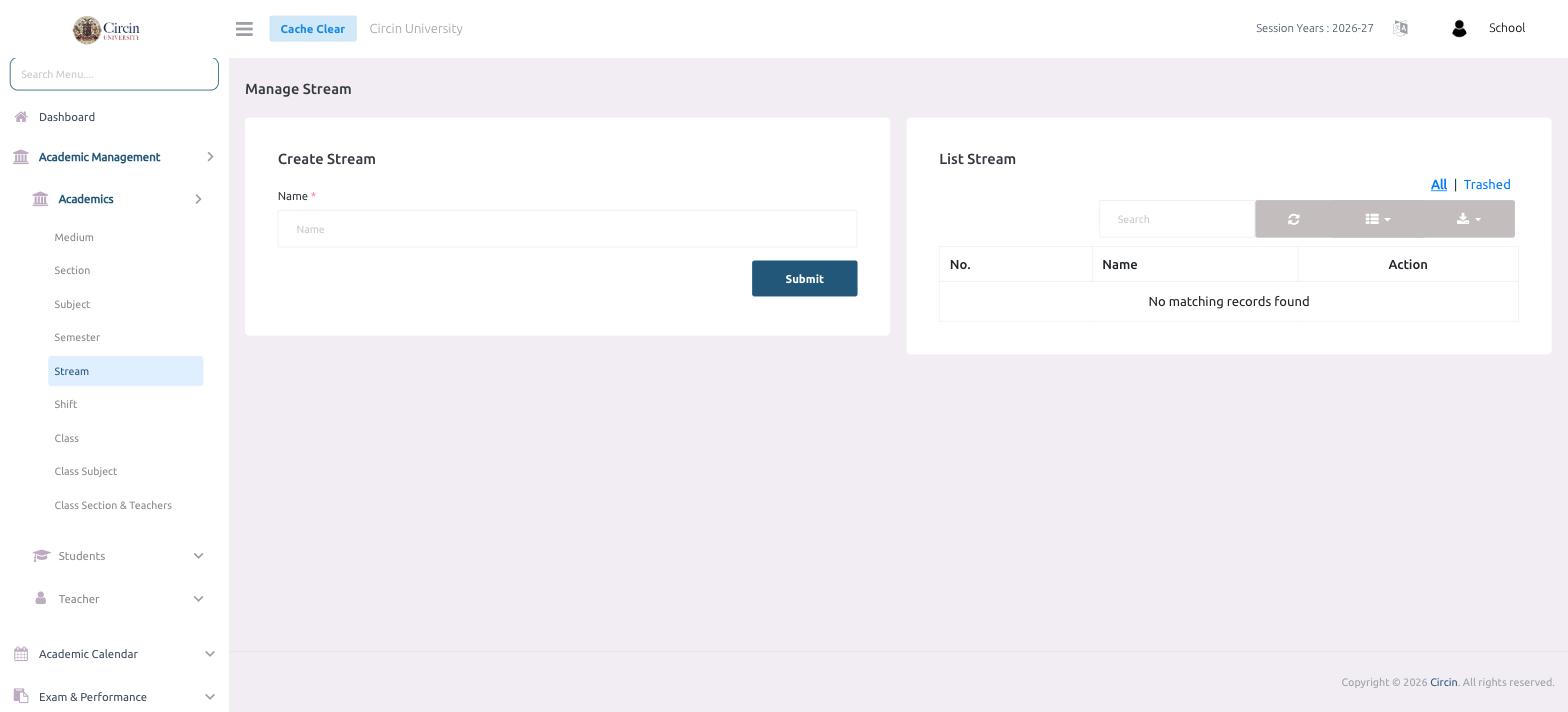 The Manage Stream page in Circin with a Create Stream form and an empty List Stream table