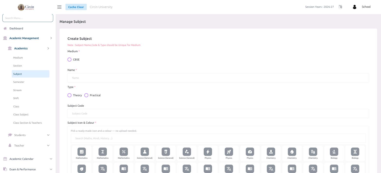 The Create Subject form in Circin showing Medium, Name, Type, Subject Code and a searchable Subject Icon & Colour picker
