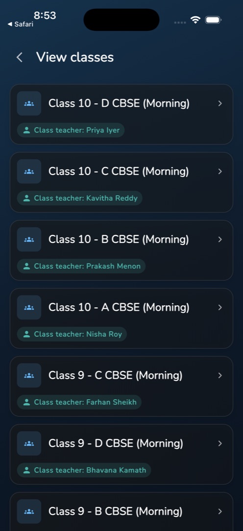 The View classes list showing a class-teacher chip on each class section