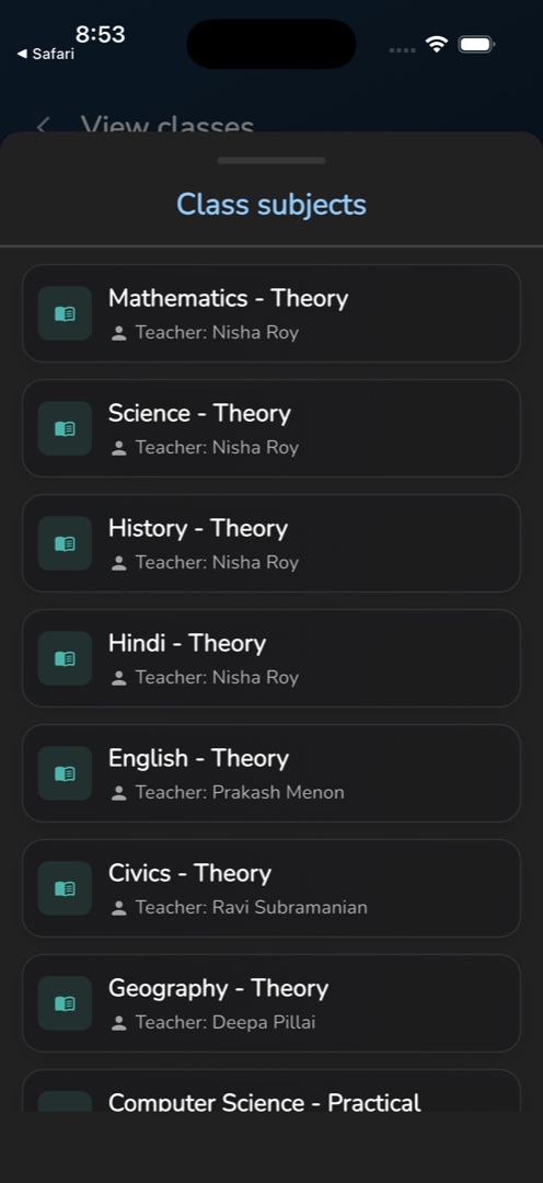 The Class subjects bottom sheet with a teacher named under each subject
