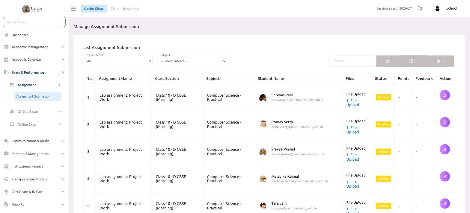 Manage Assignment Submission page in Circin listing student submissions for "Lab assignment: Project Work" with Class Section, Subject, Student Name, Files, Status, Points and Feedback columns