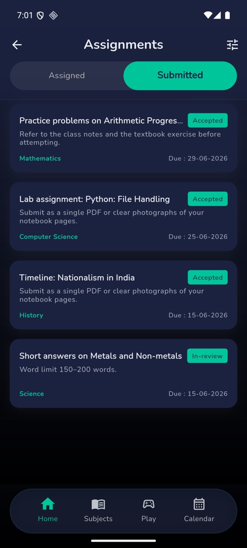 The Submitted tab with status chips