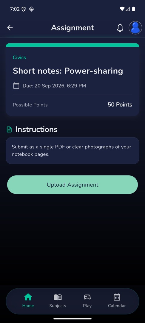 The assignment header with its due date, Possible Points and Instructions