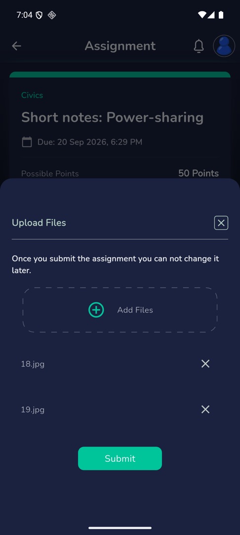 The "Upload Files" sheet with two files added and the warning