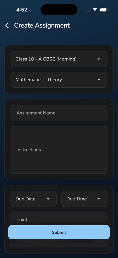 The Create Assignment form with its Class and Subject rows