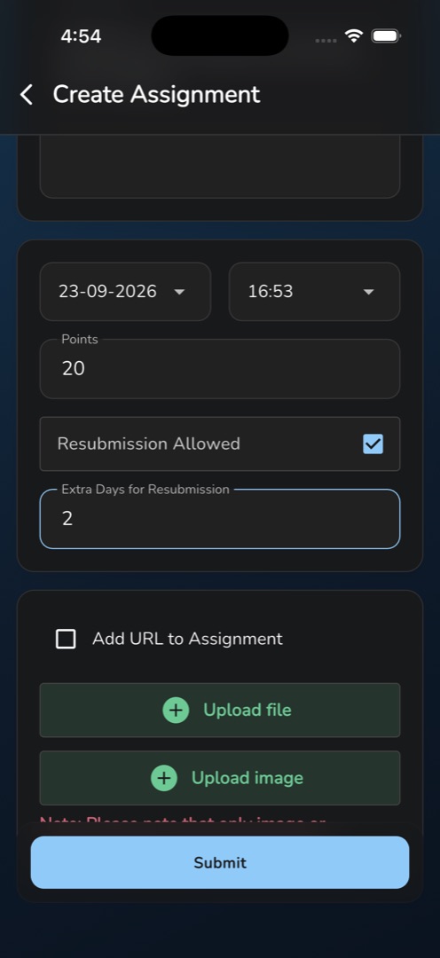 The due date, due time, points and "Resubmission Allowed" card with extra days revealed