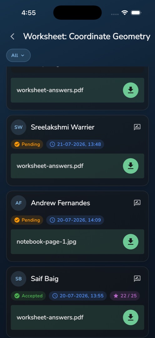 The submissions list with the Status pill and mixed status chips