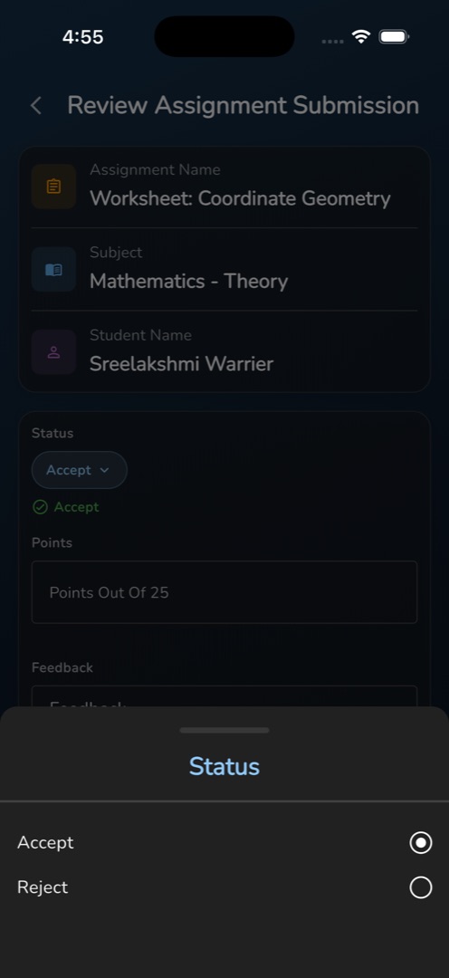 The Status sheet offering "Accept" and "Reject"