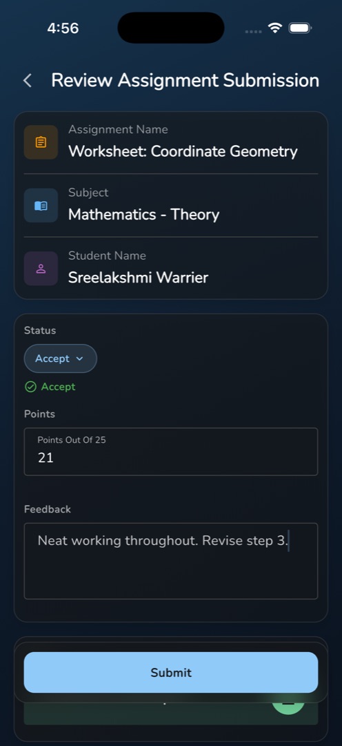 The review card with the Points Out Of 25 field and feedback filled in