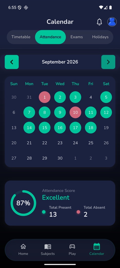 The month calendar with present and absent days