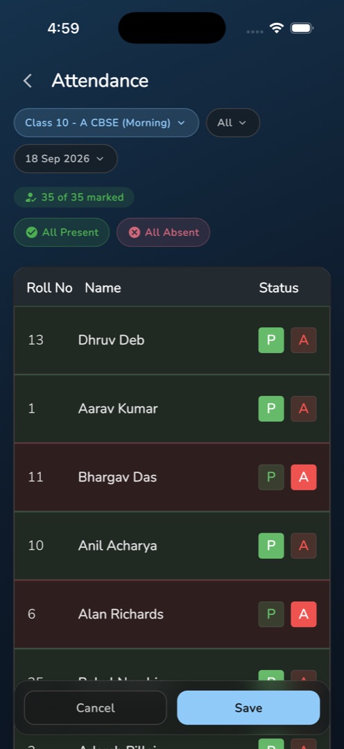 The editable register pre-filled, showing Cancel and Save