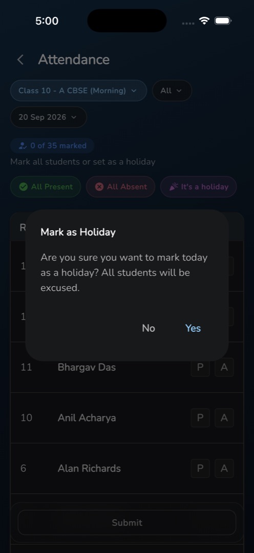 The "Mark as Holiday" confirmation dialog