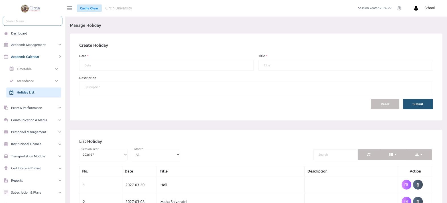 Manage Holiday page in Circin with a Create Holiday form (Date, Title, Description) above a List Holiday table showing Holi and Maha Shivaratri