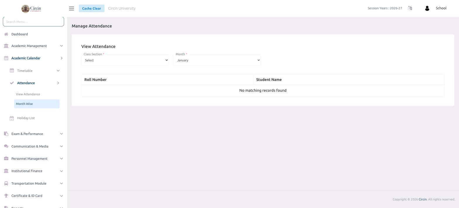 Month Wise attendance view in Circin with Class Section and Month selectors above a register keyed by Roll Number and Student Name