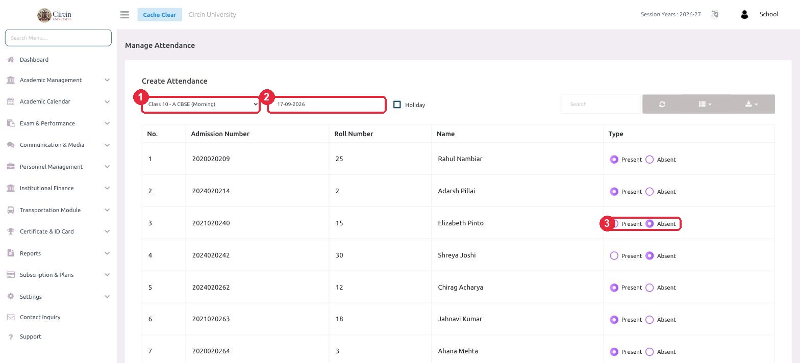 Marking attendance for Class 10-A — class and date selected, the roster loaded with present/absent per student