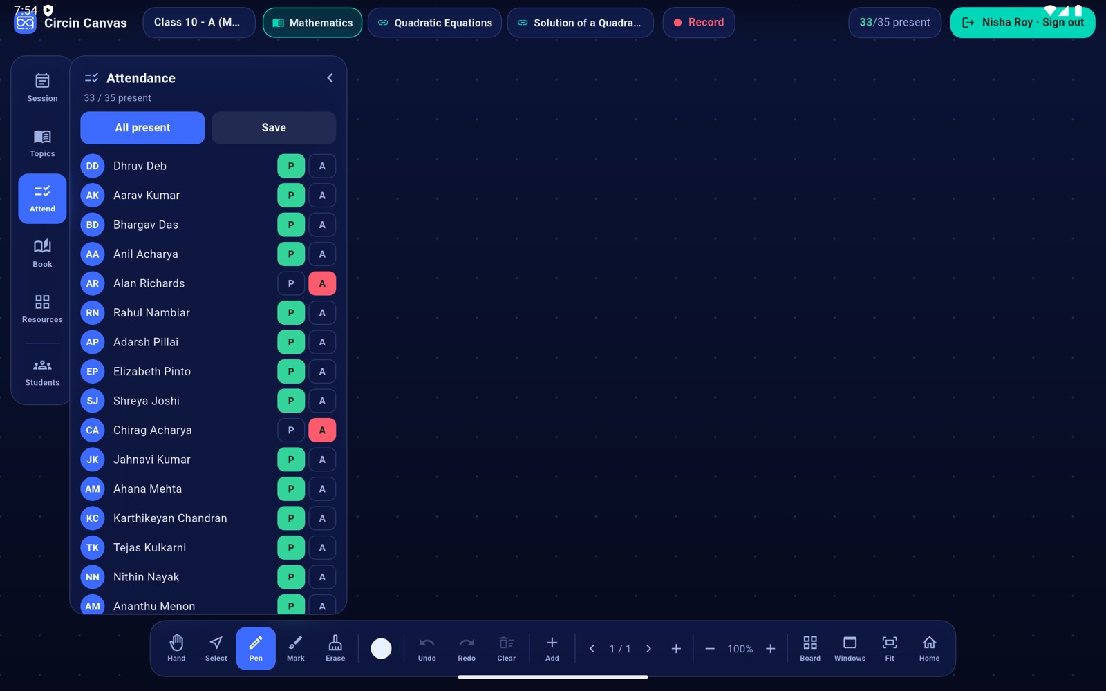 The Attend panel with P and A rows, the All present button and Save
