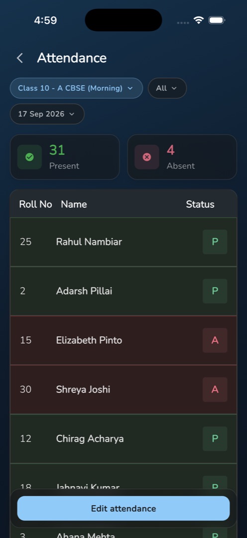 A past date's read-only register with the Present / Absent count tiles