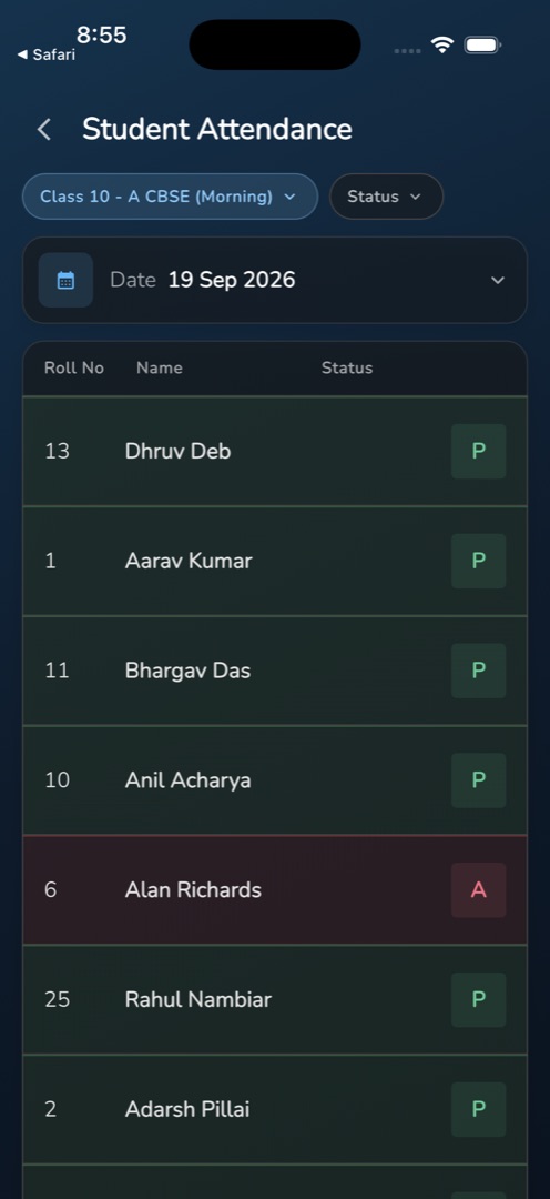The Student Attendance screen with the class pill, Status pill and Date row above the roster