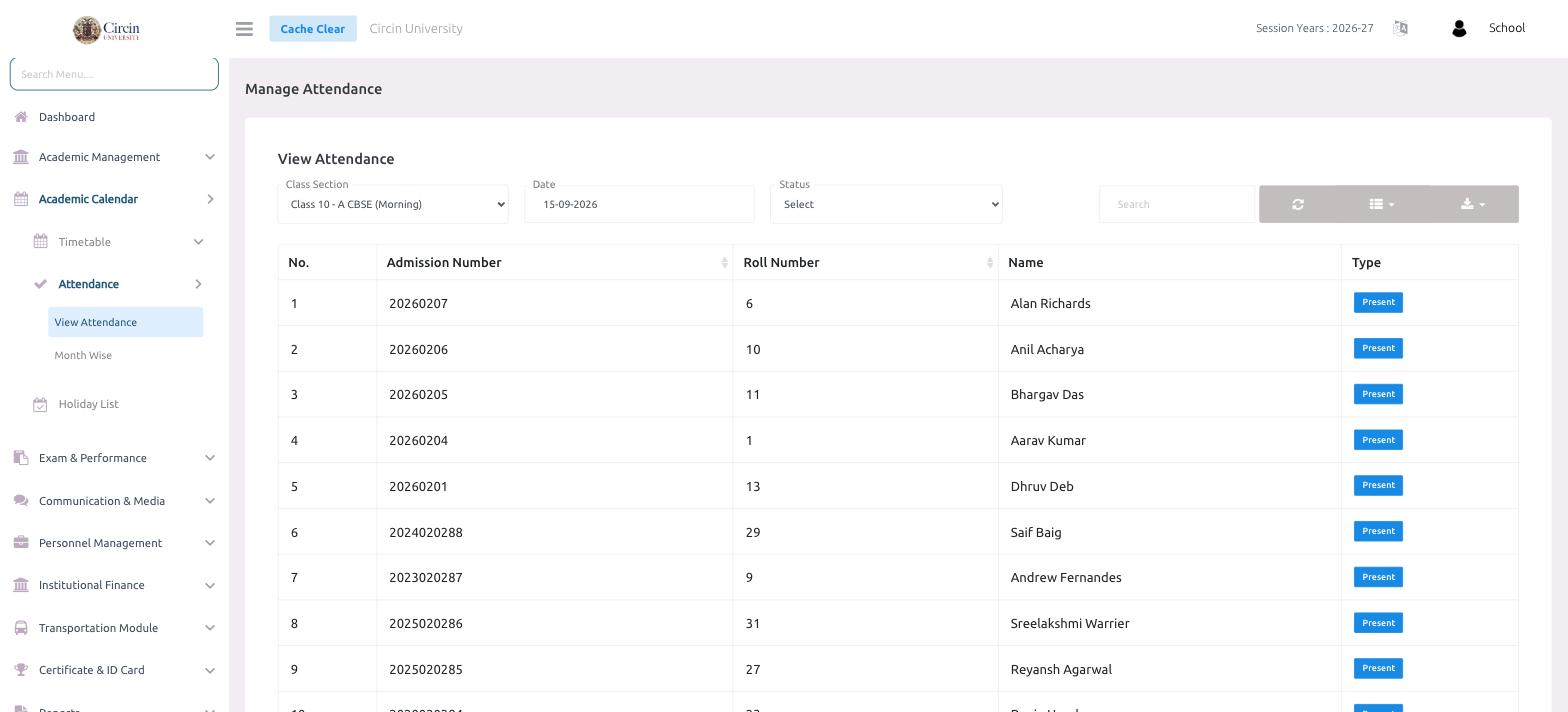 View Attendance screen in Circin listing students for Class 10-A CBSE (Morning) with Admission Number, Roll Number, Name and a Present status per student