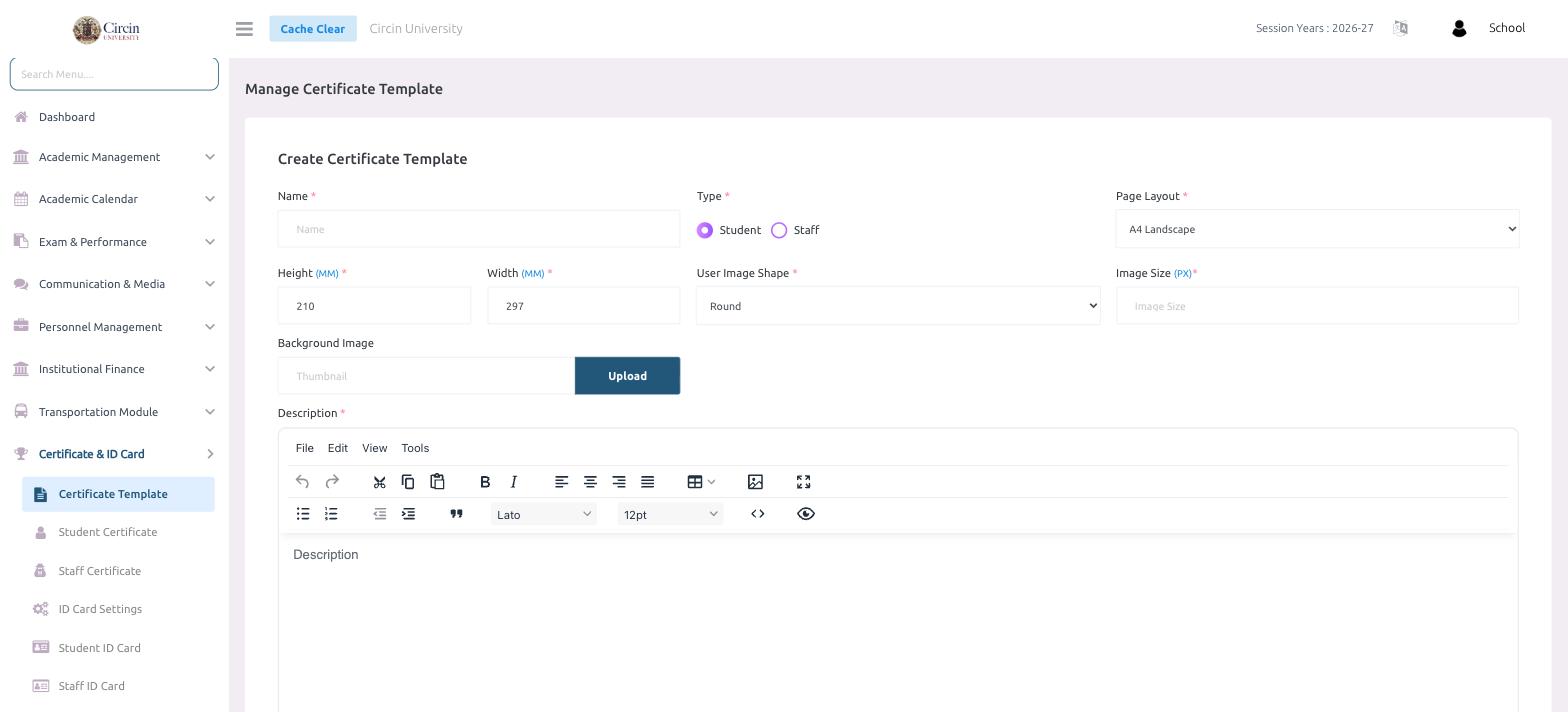 Circin Manage Certificate Template page — the Create Certificate Template form with name, type, page layout, size, image shape, background upload and a rich-text description editor