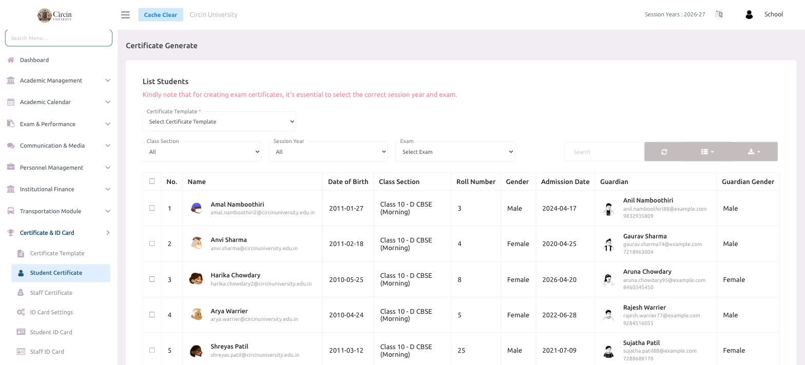 Circin Certificate Generate page — the Student Certificate list with template, class section, session year and exam filters, and a table of students with checkboxes