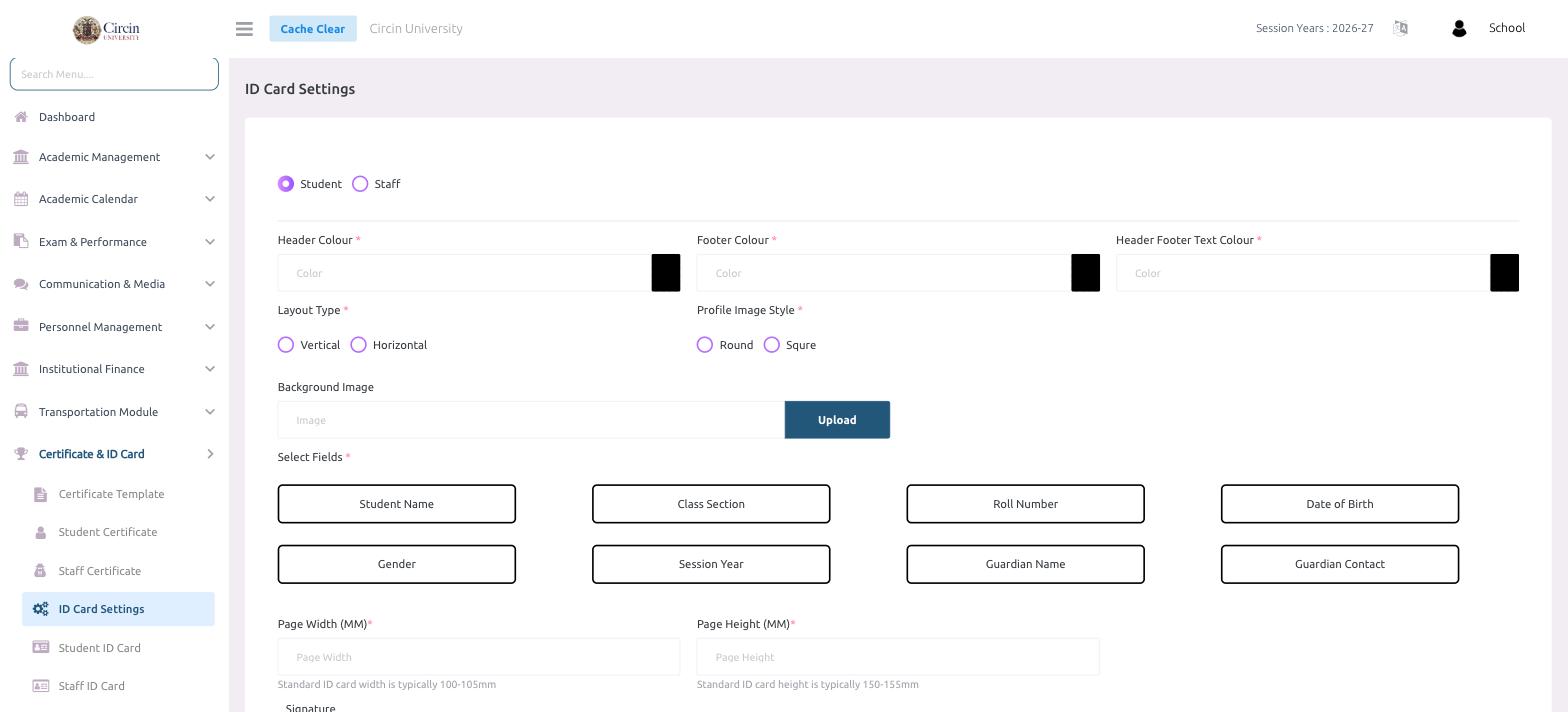 Circin ID Card Settings page — Student card design with header and footer colours, layout type, profile image style, selectable fields and page size