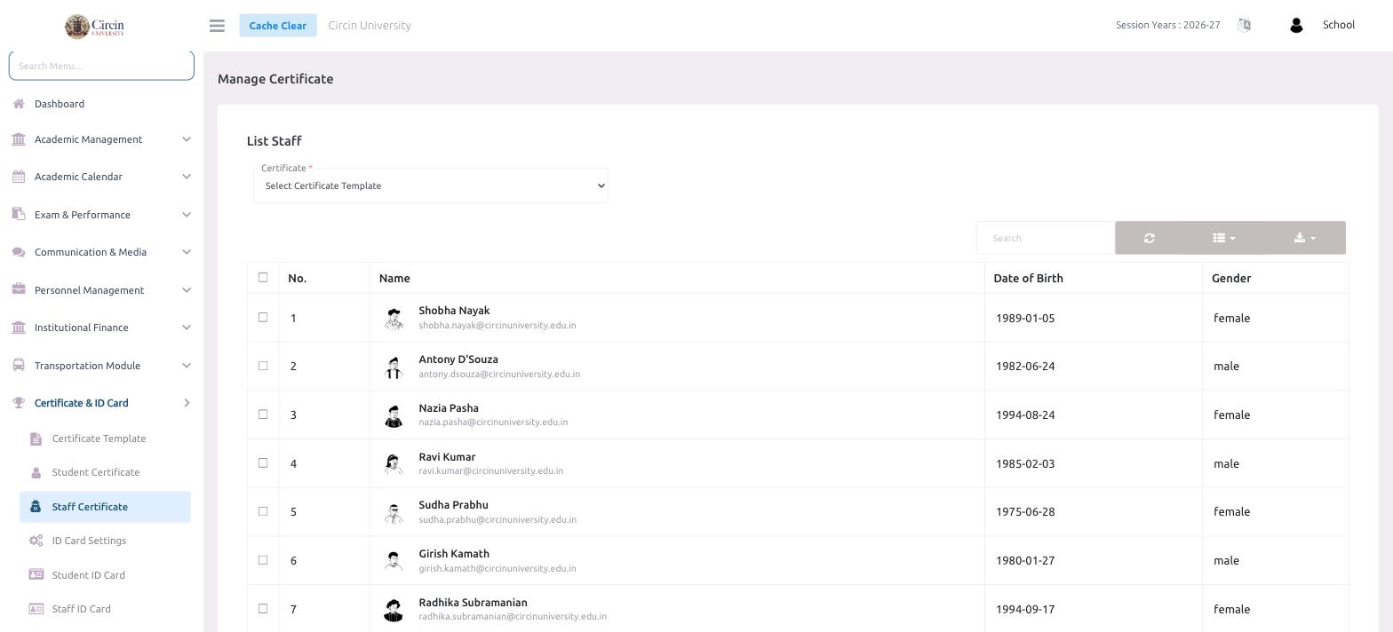 Circin Manage Certificate page — the Staff Certificate view with a certificate template selector and a List Staff table of staff names, dates of birth and gender with checkboxes