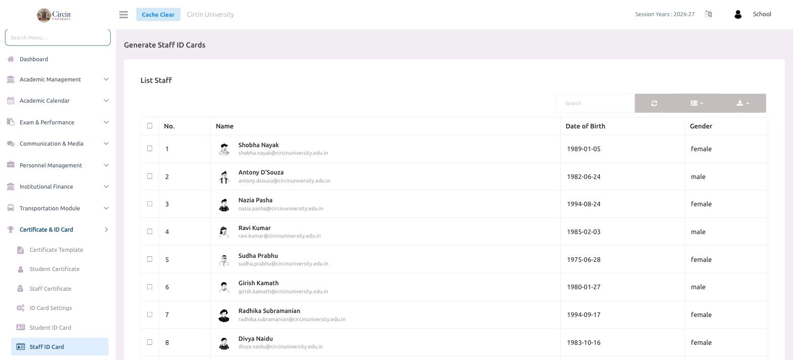 Circin Generate Staff ID Cards page — a List Staff table showing staff names, dates of birth and gender with selection checkboxes