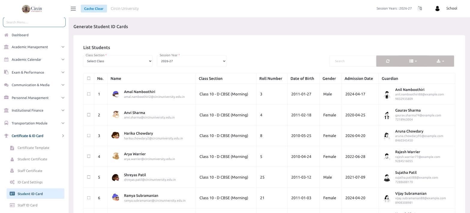 Circin Generate Student ID Cards page — a class section and session year selector above a List Students table with photos, class section, roll number and guardian details