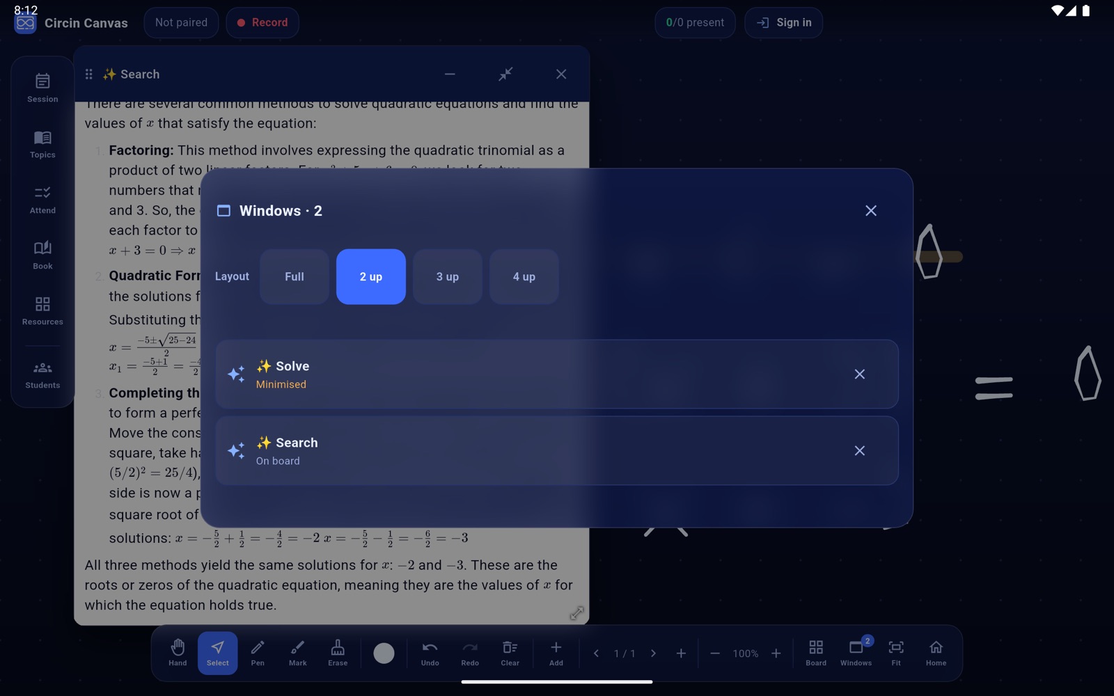 The Windows switcher with one card On board, one Minimised, and the layout picker