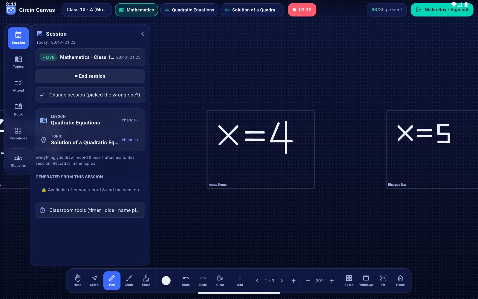 The live session card on Circin Canvas with the End session button, while the recording runs