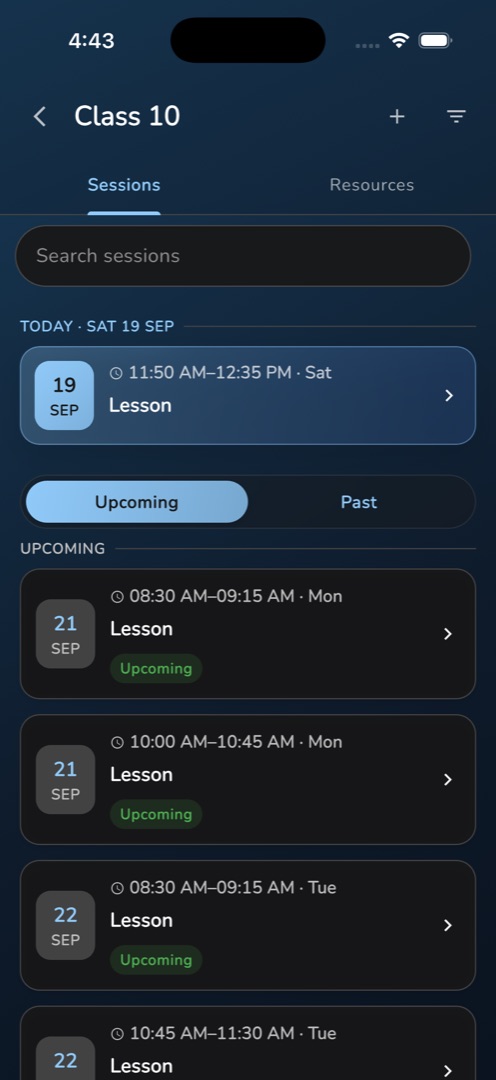 The Sessions tab with the Today card and the Upcoming / Past toggle