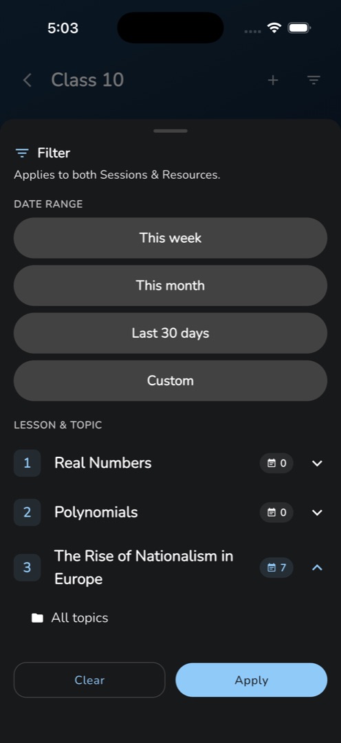The Filter sheet with date chips and a lesson expanded, showing session counts