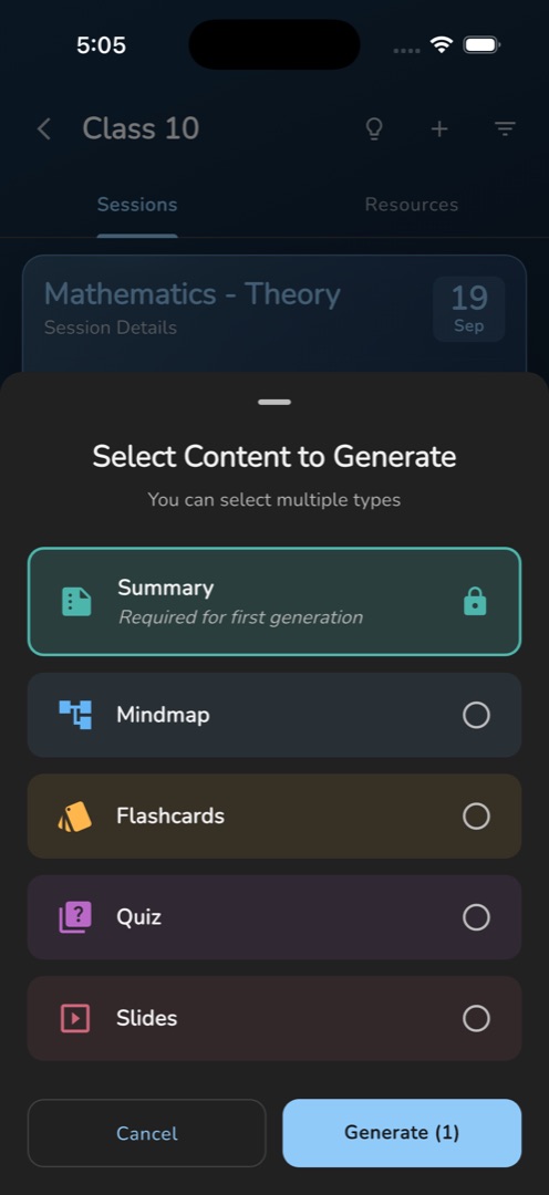 The "Select Content to Generate" sheet with Summary locked