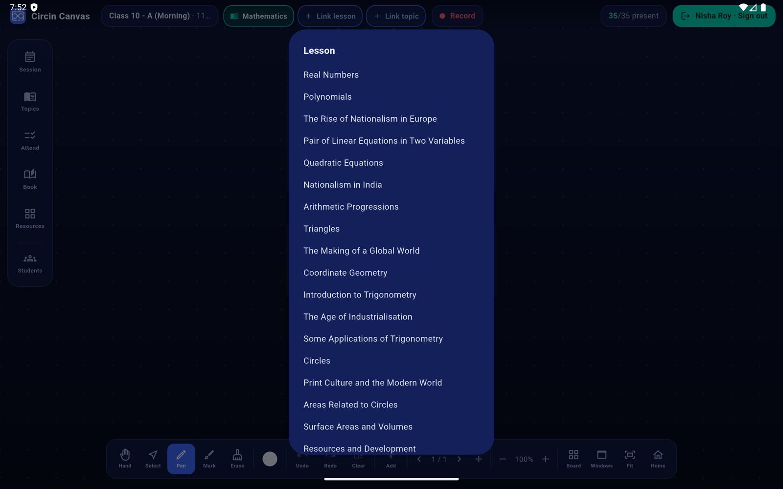 The Lesson picker list open over the board