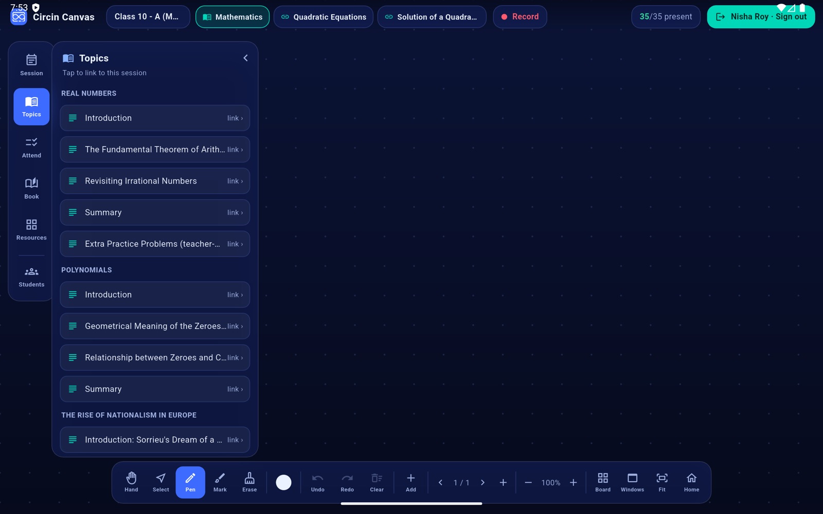 The Topics panel with lessons as headings and topics as rows ending in link